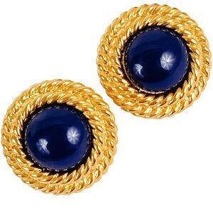 VTG Signed Napier Gold Tone Navy Lucite Rope Stud Earrings 1980s Polished Chic